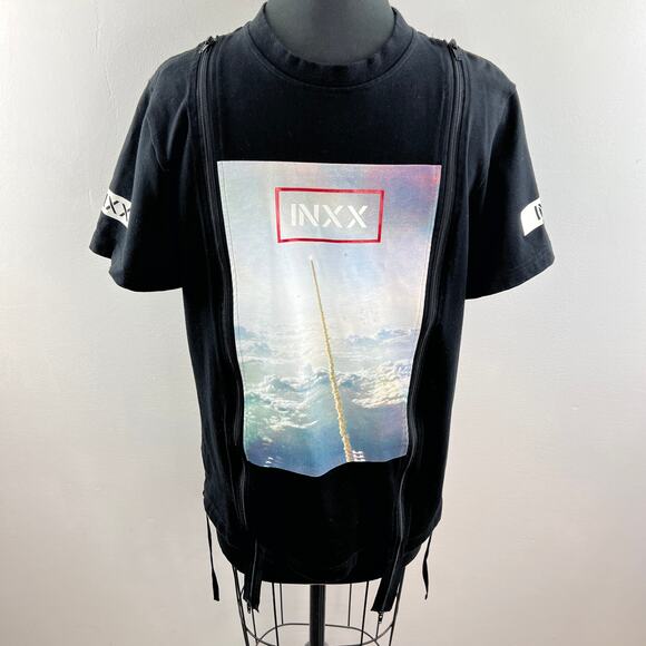 INXX Black Top Cotton Ribbed Crew Neck Graphic Front Double Zipper Size Medium M - Picture 3 of 9